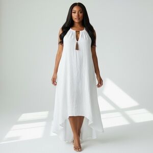 Beachy Airy Coastal White Halter Neck High Low Pull Over Dress